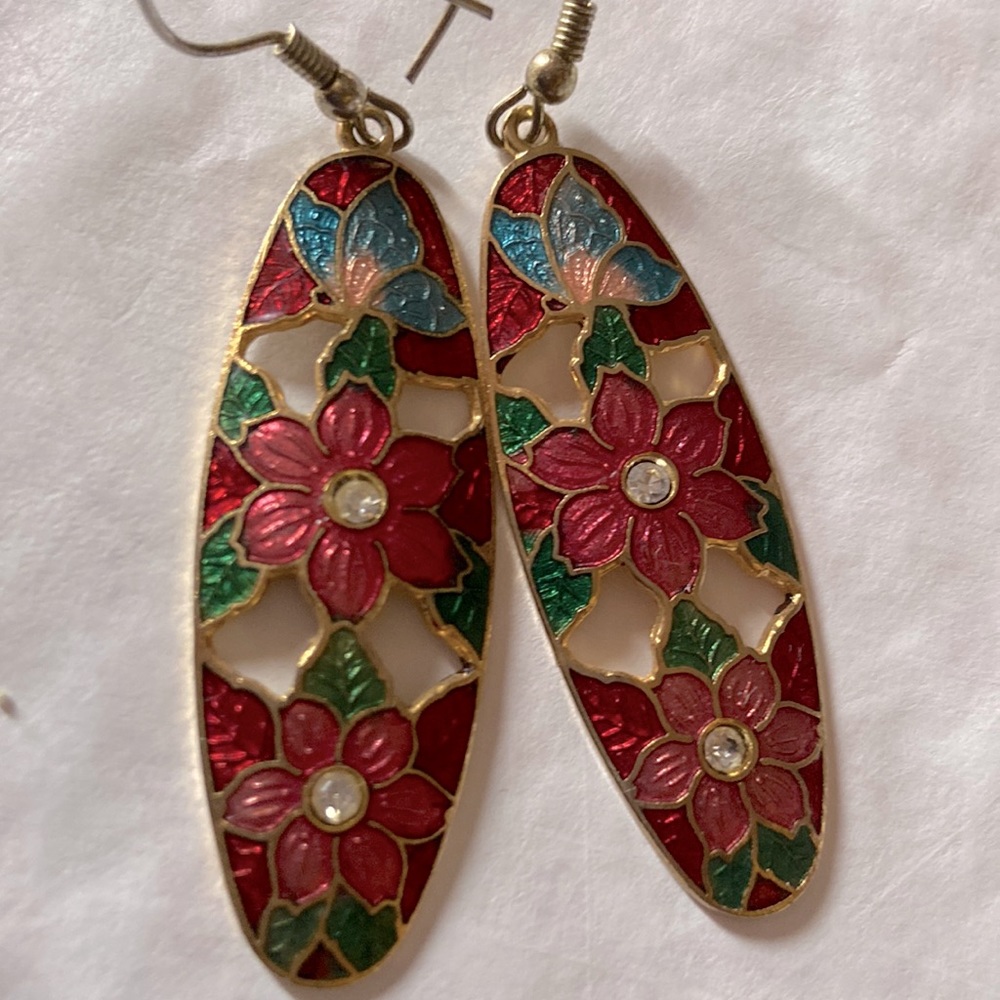 Vintage Cloisonne Butterfly 🦋 Floral 🌺 Dangle Drop Gold Plate Earrings